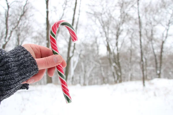 Hand som håller Candy Cane. Snöig jul landskap. — Stockfoto