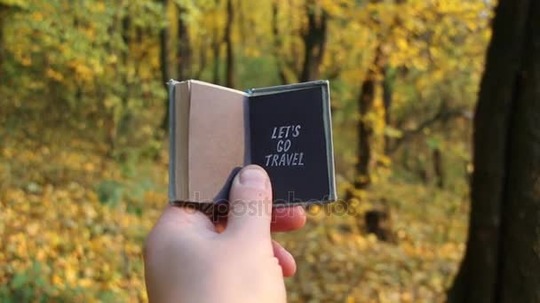 Lets Go Travel Journey Adventure Traveling Exploration idea. Autumn wood on a background. — Stock Video