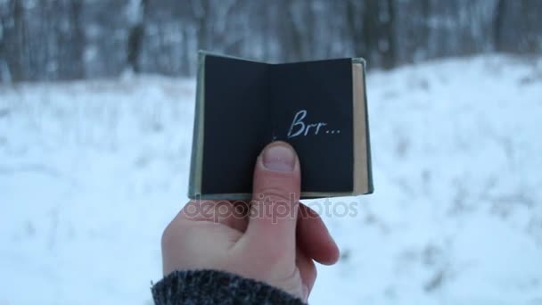 Идея зимы или мороза. Рука держит книгу с надписью Brr фон леса — стоковое видео