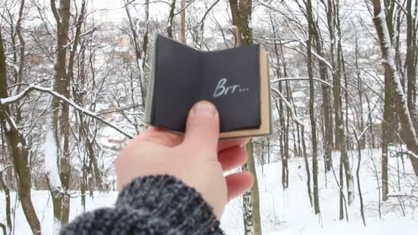 Télen, vagy hideg kreatív ötlet. Kezében egy könyvet a Brr felirat a háttérben az erdő — Stock videók
