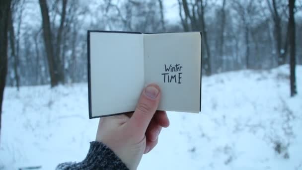 Idea de invierno. Libro y texto . — Vídeo de stock