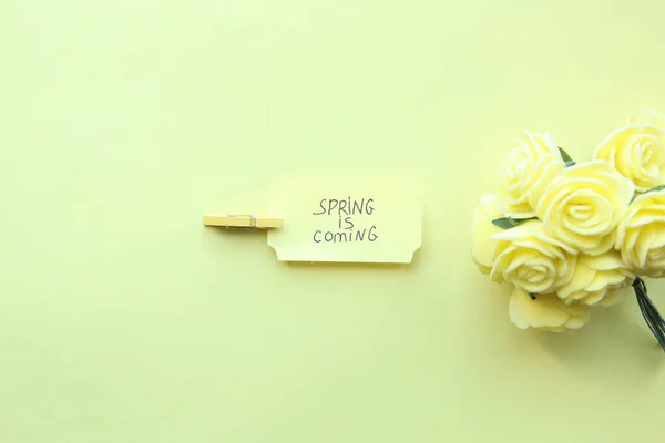 Wiosna Nadchodzi Tekst Napis Talerzu — Zdjęcie stockowe