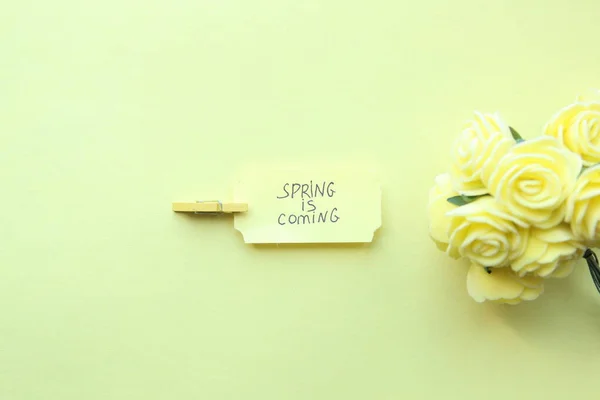 Primavera Viene Testo Iscrizione Sul Piatto — Foto Stock