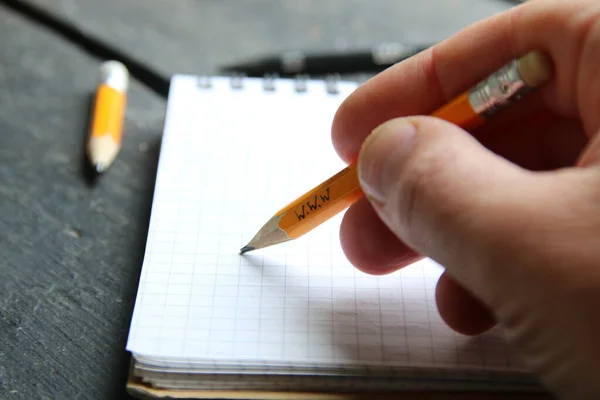 Conceptul Educației Online Mâna Deține Creion Inscripția — Fotografie, imagine de stoc