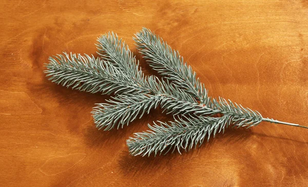 Spruce Artificial Branch Wooden Table — Stock Photo, Image