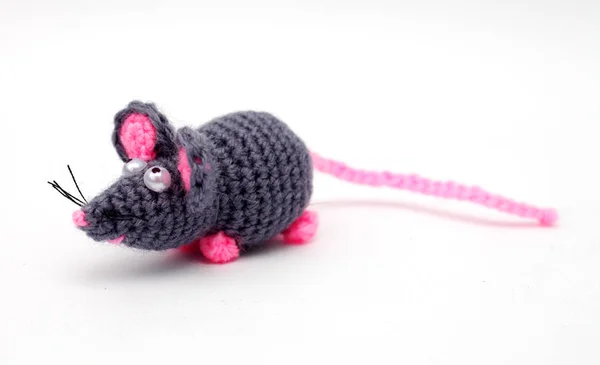 Beyaz arka planda örülmüş bir fare, yakın plan.