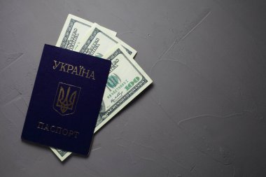 Beton arka planda dolar banknotları olan Ukrayna pasaportu. Pasaportunda 