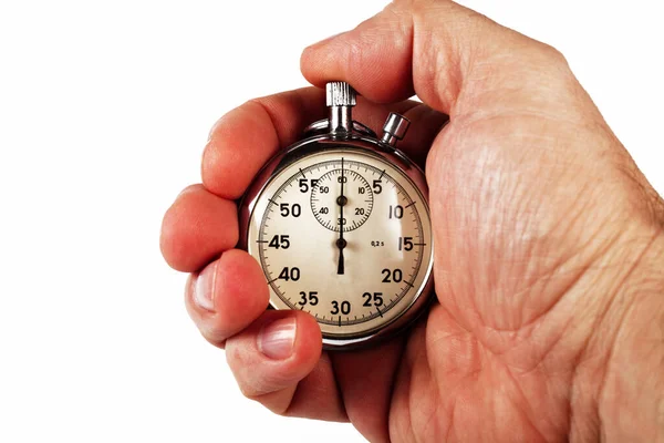 Hand of a sports coach with a stopwatch, white background, isolate, close-up