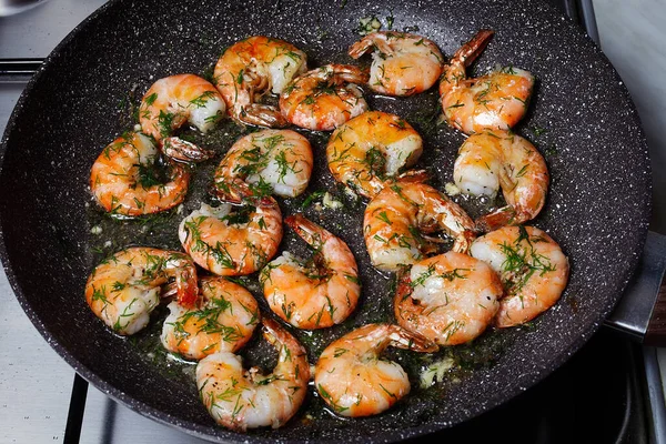 King Prawns Dill Garlic Cooked Pan — Stock Photo, Image