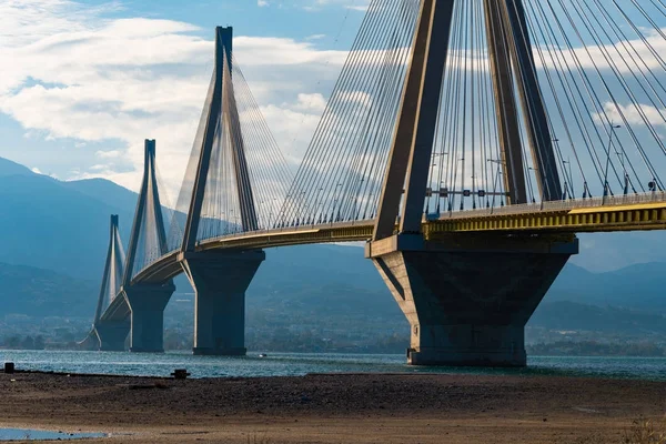 Rio- Antirrio cable stayed bridge. It is the the world\'s longest cable-stayed bridge. The Rion-Antirion Bridge in Greece, which was first opened to traffic in August 2004