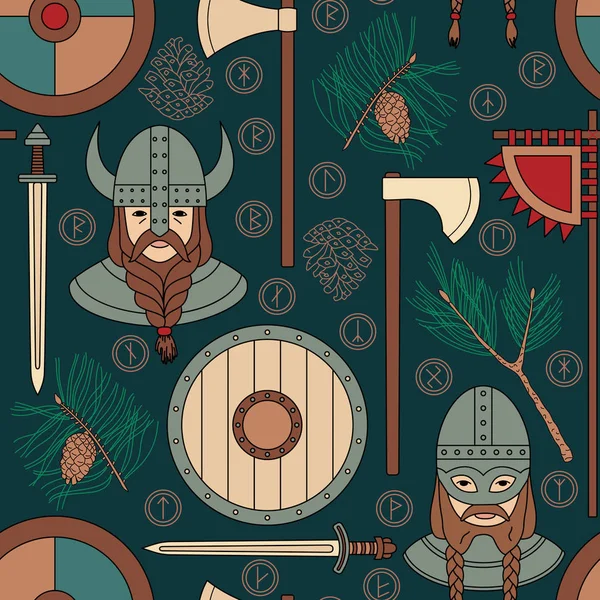 Бесшовный рисунок викинга с сосновыми ветвями — стоковый вектор