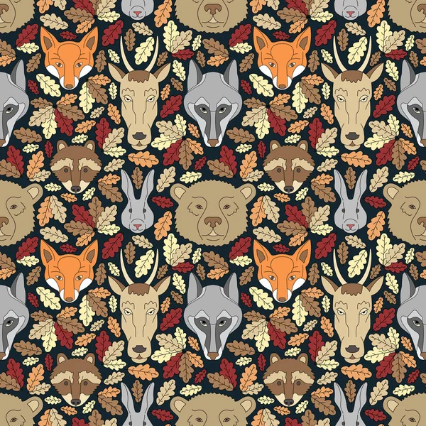 Seamless pattern with animals and leaves — Stock Vector
