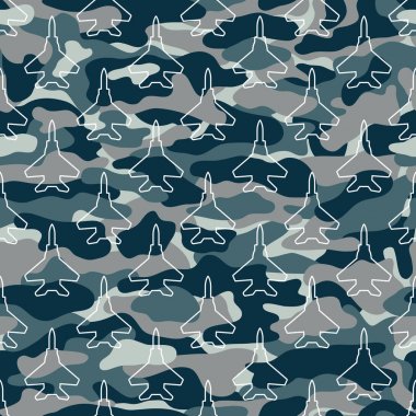 seamless pattern with jet fighters on camouflage background clipart