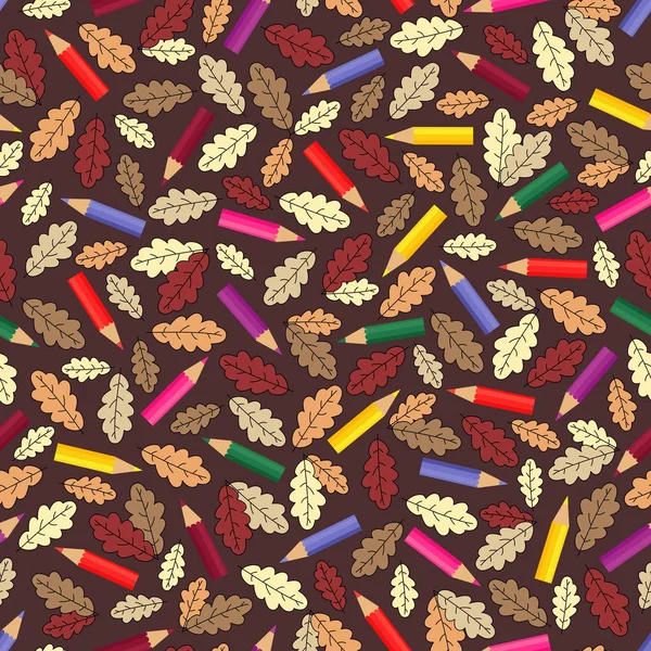 Бесшовный узор с цветными карандашами и осенними листьями — стоковый вектор