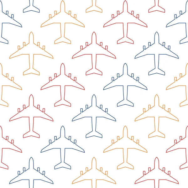 Patrón sin costuras con contornos de color de los aviones de pasajeros — Vector de stock