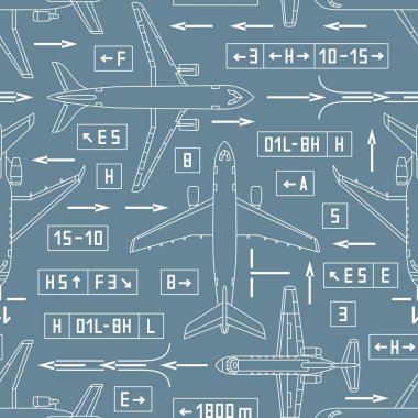 seamless aviation pattern with airplanes and signs on a gray bac clipart