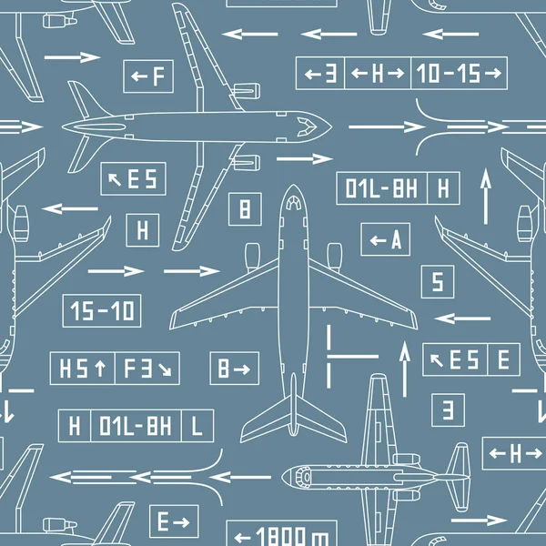 Patrón de aviación sin costuras con aviones y carteles en un bac gris — Vector de stock