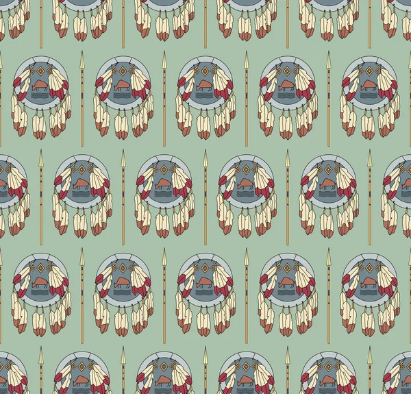 Motif amérindien sans couture avec boucliers et lances — Image vectorielle