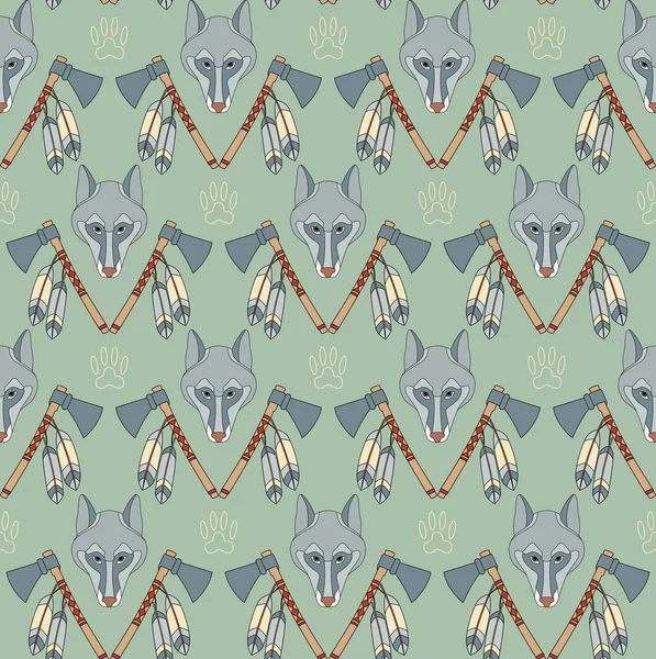 Seamless Native American pattern with wolves and axes — Stock Vector