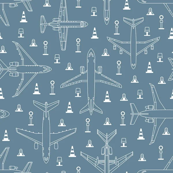 Seamless pattern with airplanes and runway lights on gray backgr — Stock Vector