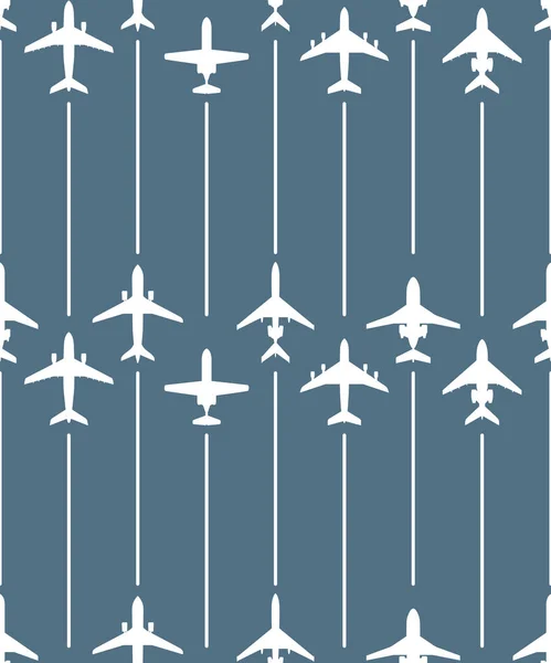 Naadloos Vectorpatroon Met Witte Silhouetten Van Passagiersvliegtuigen Vluchtlijnen Blauwe Achtergrond — Stockvector