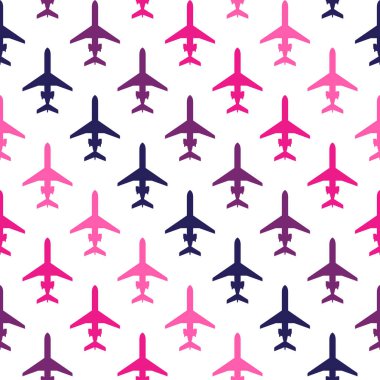 Beyaz zemin üzerinde çok renkli uçaklar olan kusursuz vektör deseni. Grafik tasarımı, tekstil tasarımı veya web tasarımı için kullanılabilir.