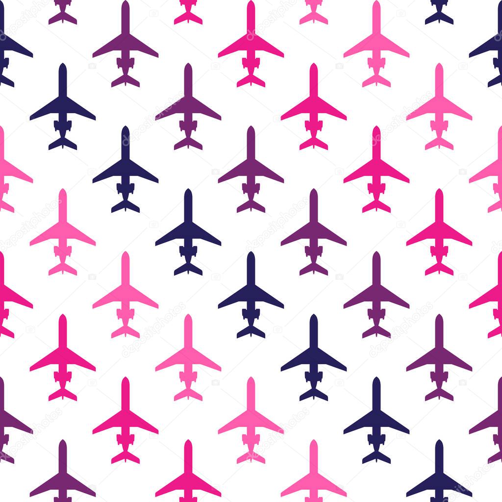 Seamless vector pattern with multicolored airplanes on white background. Can be used for graphic design, textile design or web design.
