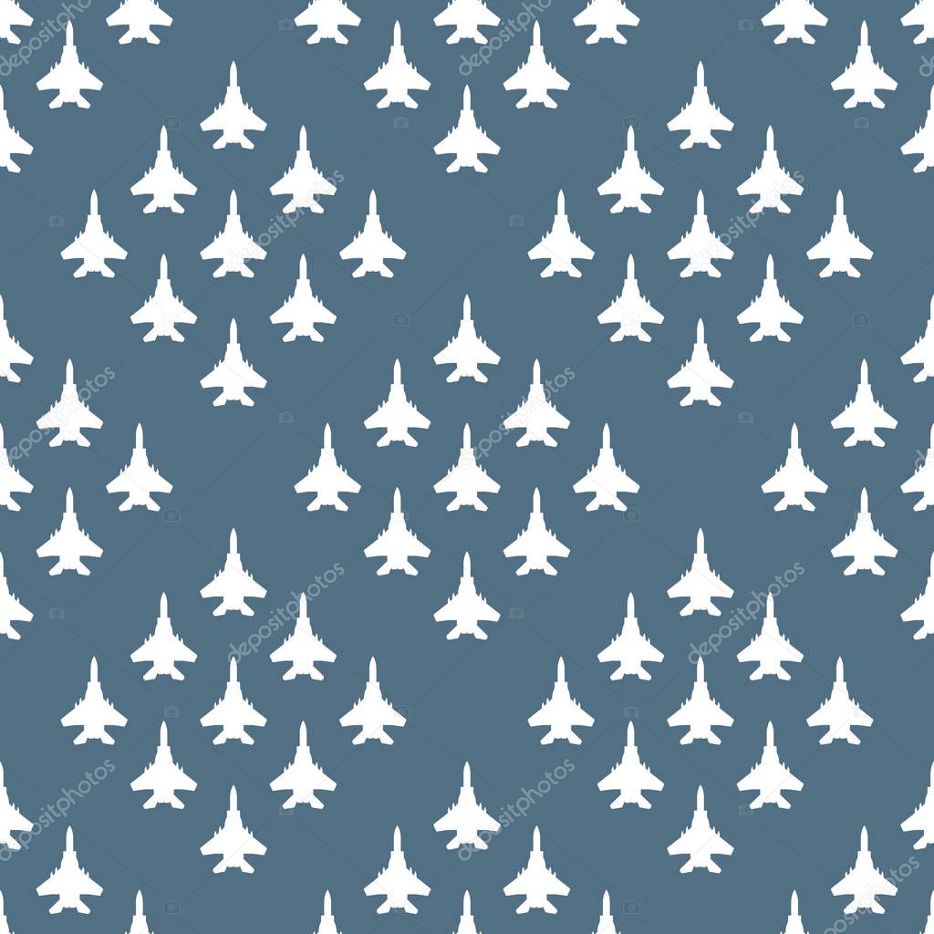 Seamless pattern with silhouettes of fighter aircraft. Can be used for graphic design, textile design or web design.