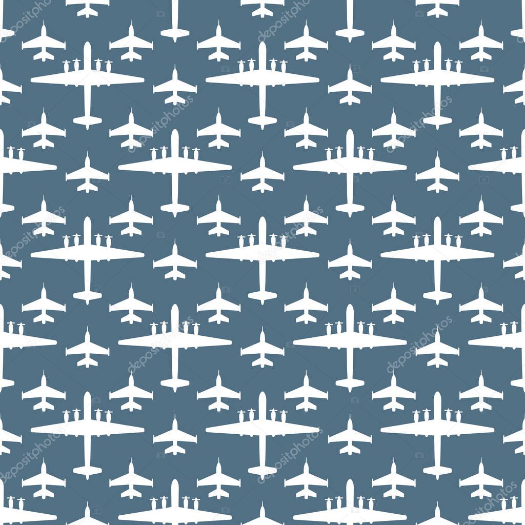 Seamless pattern with silhouettes of military aircraft. Can be used for graphic design, textile design or web design.
