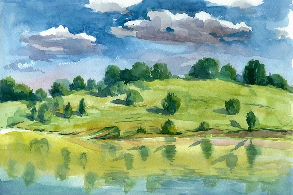 Létě Jezero Akvarel Papír — Stock fotografie