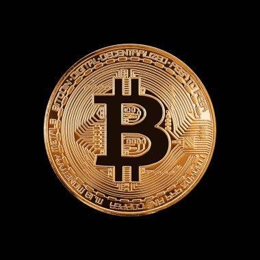 Bitcoin. İzole siyah zemin üzerine altın Bitcoin.