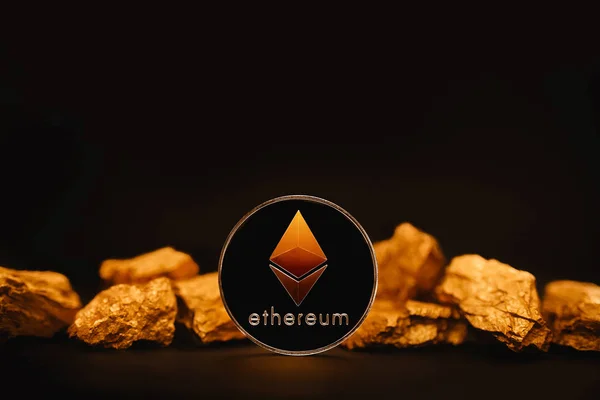 Ethereum. Ethereum on Golden nugget gold background. Finance concept