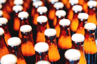 Arka planda cam bira şişeleri. Fabrika üretim hattı kavramı