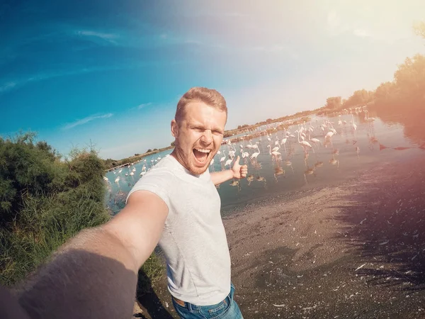 Turist man gör selfie foto actionkamera på bakgrund av flamingo fåglar, nationalpark i Frankrike — Stockfoto