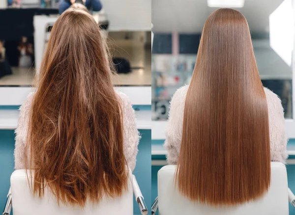 Sick, cut and healthy hair care keratin. Before and after treatment — Stock Photo, Image