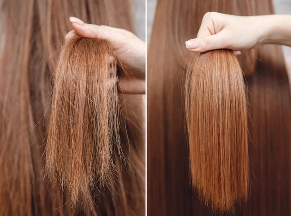 Sick, cut and healthy hair care keratin. Before and after treatment — Stock Photo, Image