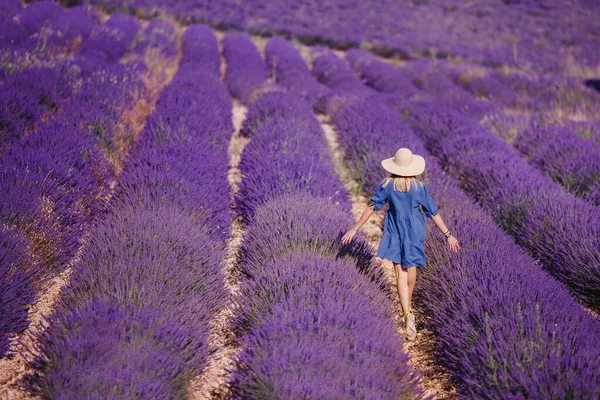 Donna vista posteriore abito estivo blu e cappello in campo di lavanda — Foto Stock