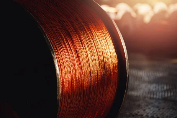 Production of copper wire, bronze cable in reels at factory — Stock Photo, Image