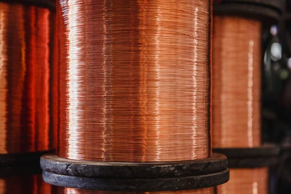 Production of copper wire, bronze cable in reels at factory