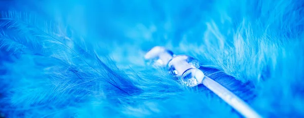 Gota transparente água limpa depois da chuva na pena azul do pássaro, ar de cor azul-esverdeada. Conceito pureza e fragilidade da natureza — Fotografia de Stock