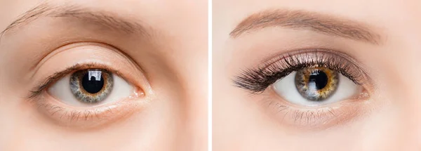 Wimpernverlängerung vor und nach dem Eingriff. schöne Frau mit langen Wimpern im Schönheitssalon — Stockfoto