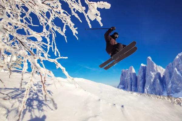 Skifahrer Skiabfahrt Schanze bei sonnigem Tag Neuschnee Freeride. Extrem hohe Geschwindigkeit, frostige Staubstreuung — Stockfoto