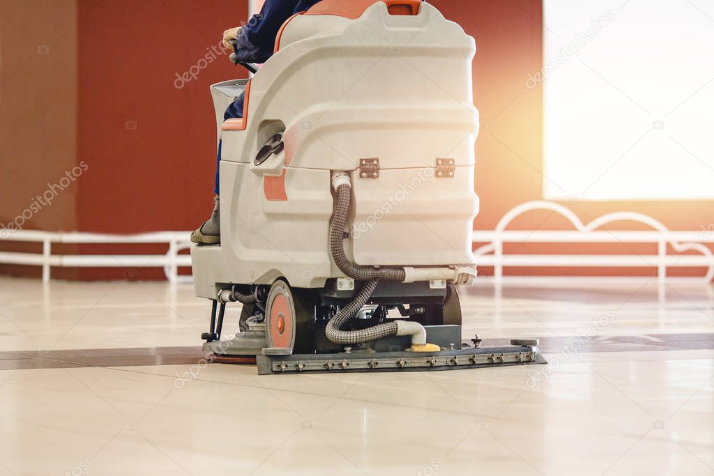 Close-up sweeper machine cleaning. Concept clean airport from debris
