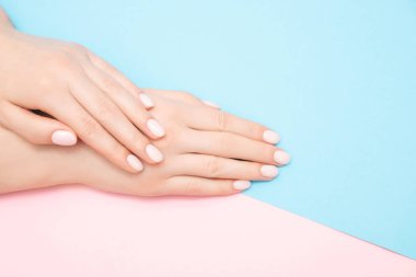 Pembe ve mavi arka planda şık manikür jeli cilalı güzel kadın elleri, üst manzara. Cilt bakımı kavramı
