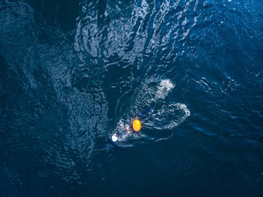 Kuzey Kutbu insanları soğuk suda buzda yüzer, sporcular dalgıç kıyafetleriyle mavi denizde turuncu şamandıralarla.