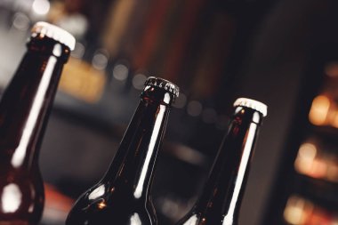 Barın arka planında buzlu soğuk bira şişeleri.