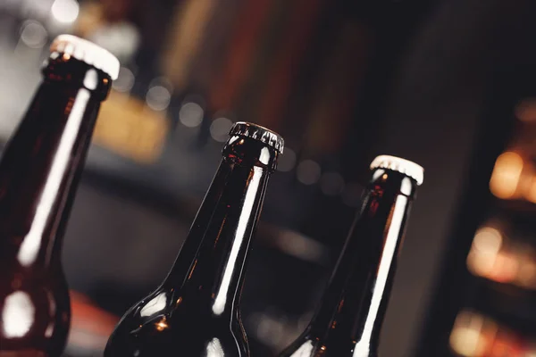 Стеклянные ледяные бутылки пива на темном фоне паба — стоковое фото