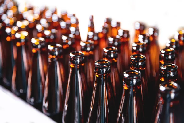 Коричневое стеклянное пиво пьют спиртные бутылки, пивоваренный конвейер, производственная линия — стоковое фото