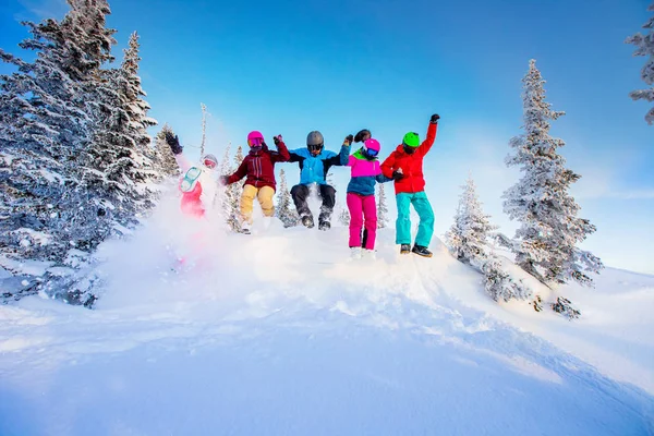 Команда друзів лижників і сноубордистів стрибає на свіжому снігу в зимовому лісі — стокове фото