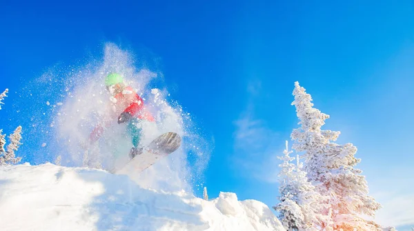 Baner snowboardzista skaczący w powietrzu z głębokim błękitnym niebem w tle zimowy las — Zdjęcie stockowe